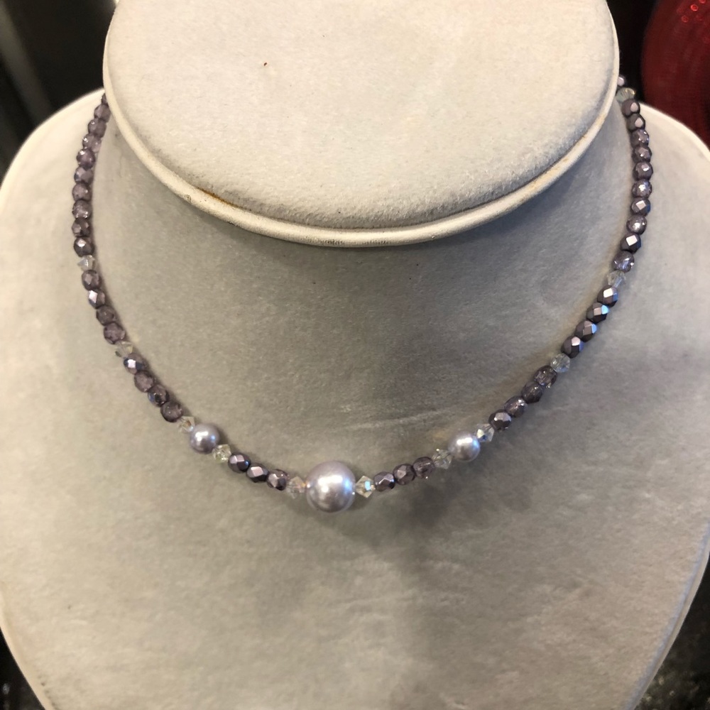 💜Pearl and purple bead necklace